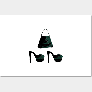 Miniature green swirl handbag and shoes Posters and Art